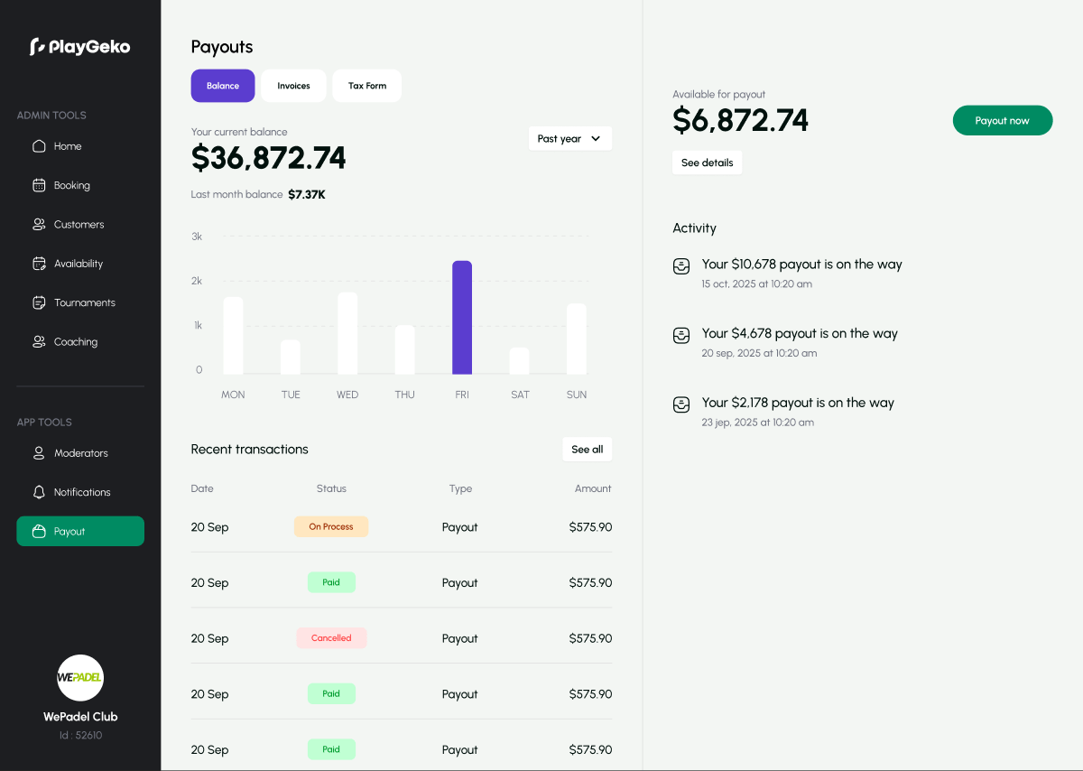 Payments & Finance Reports in Playgeko